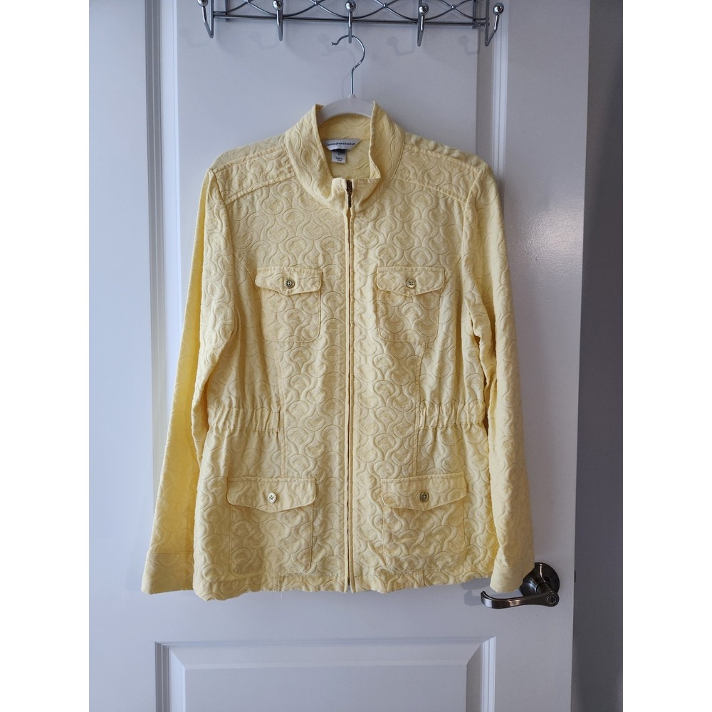 CJ Banks Full Zip Jacket Women's Yellow Jacquard Pockets Elastic Waist Size M